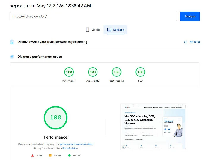 Google PageSpeed Insights report showing Viet SEO website achieving 100 Performance and 100 SEO scores
