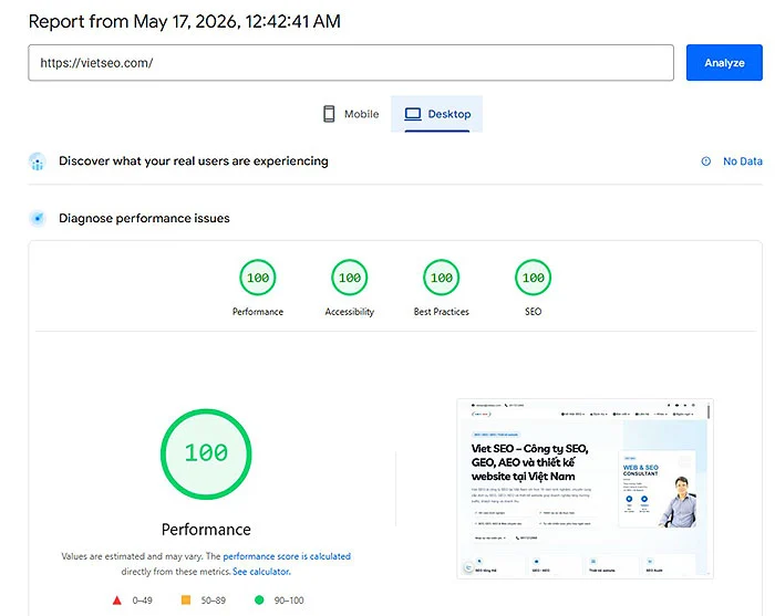 Điểm PageSpeed Insights của website Viet SEO đạt 100 Performance và 100 SEO